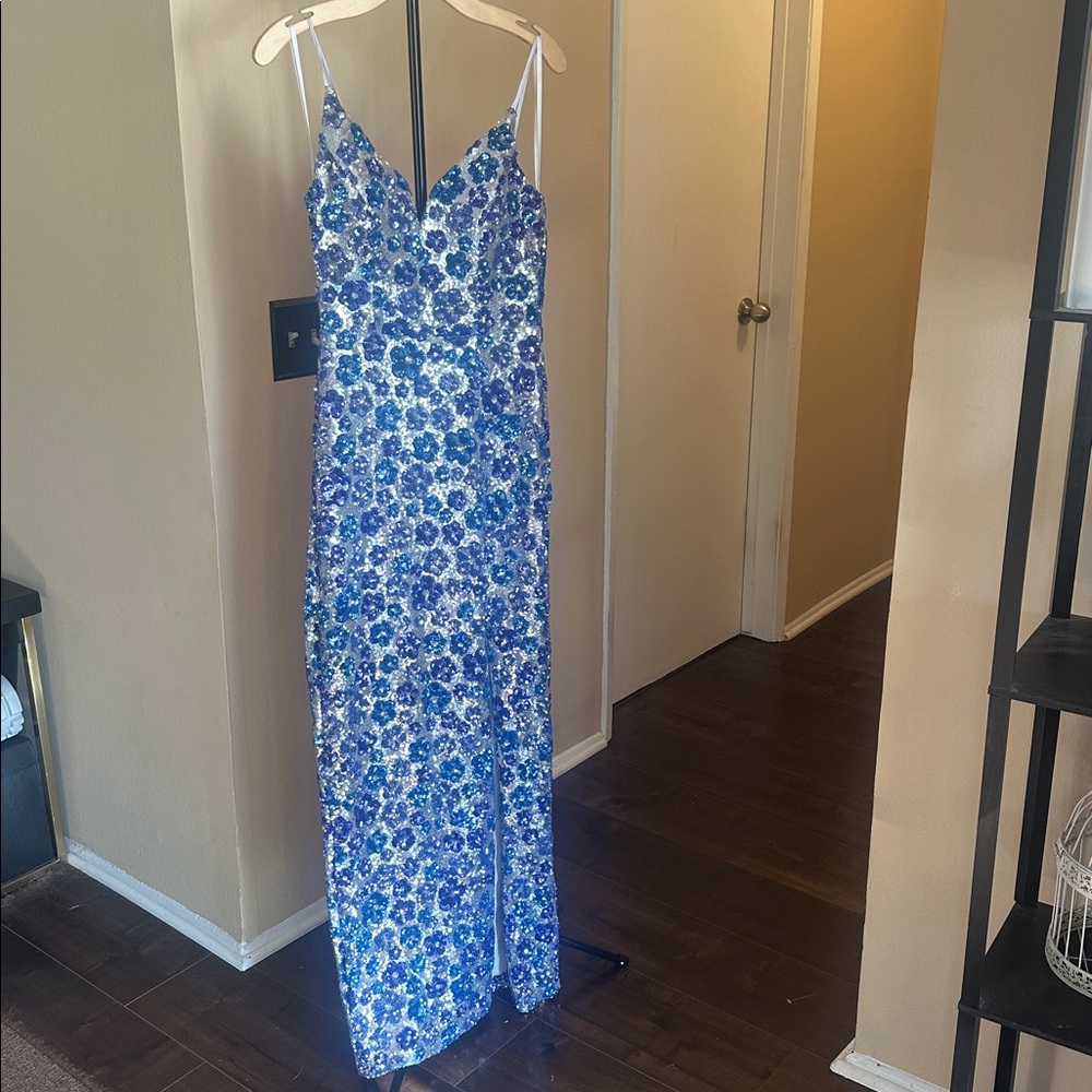B Darlin Strapless Blue Floral Dress
